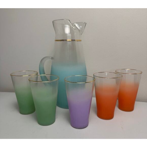 VTG Blendo Mid-Century Frosted Gold Trim 5 Glass and Pitcher Set West Virginia - Picture 16 of 16
